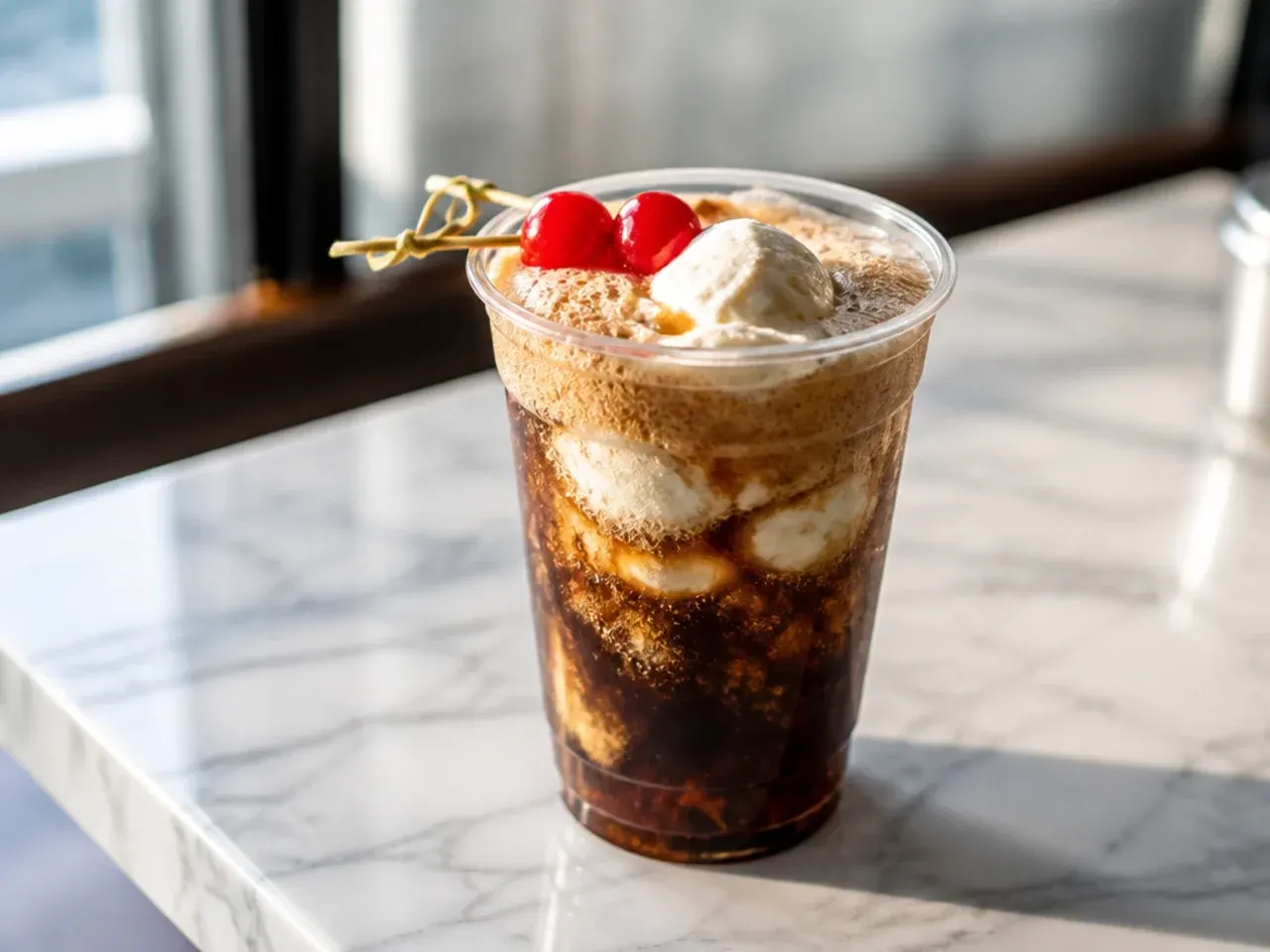 Smooth copycat Dr Pepper float with vanilla ice cream and a spoon