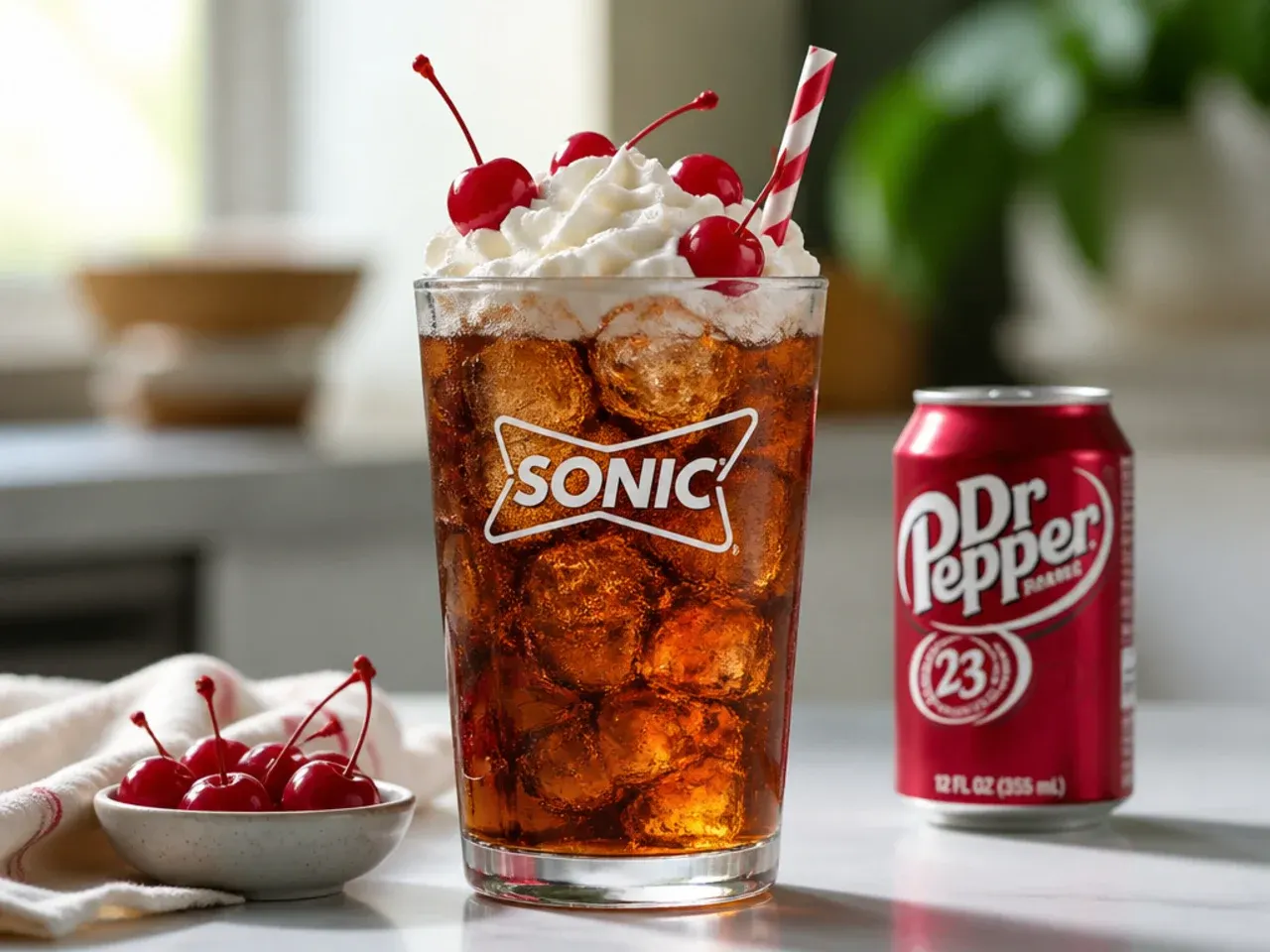 Copycat Dr Pepper drinks served with lime wedges, cherries and straws