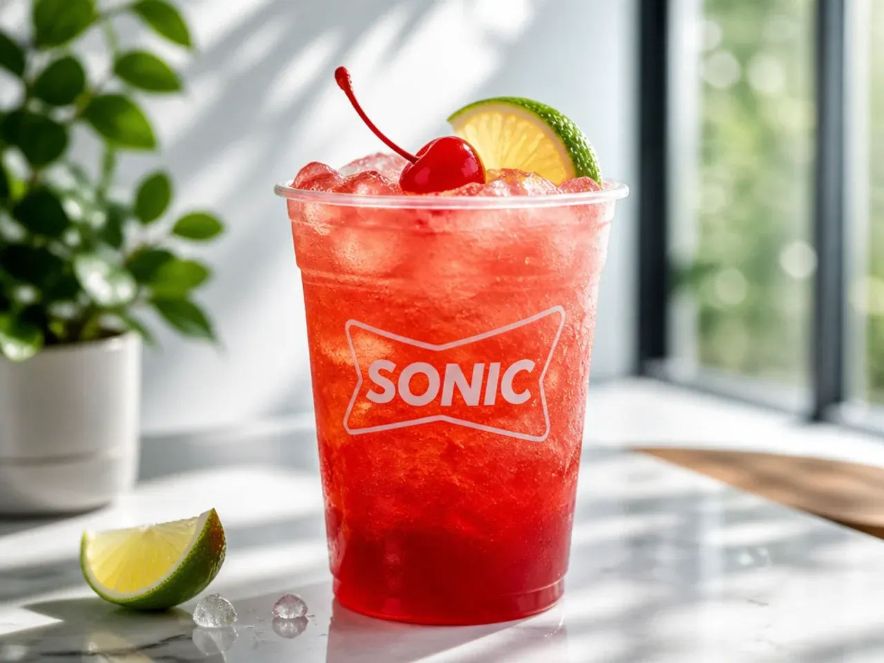 Overhead shot of ingredients for copycat Sonic slushes including soda, syrups, limes and crushed ice