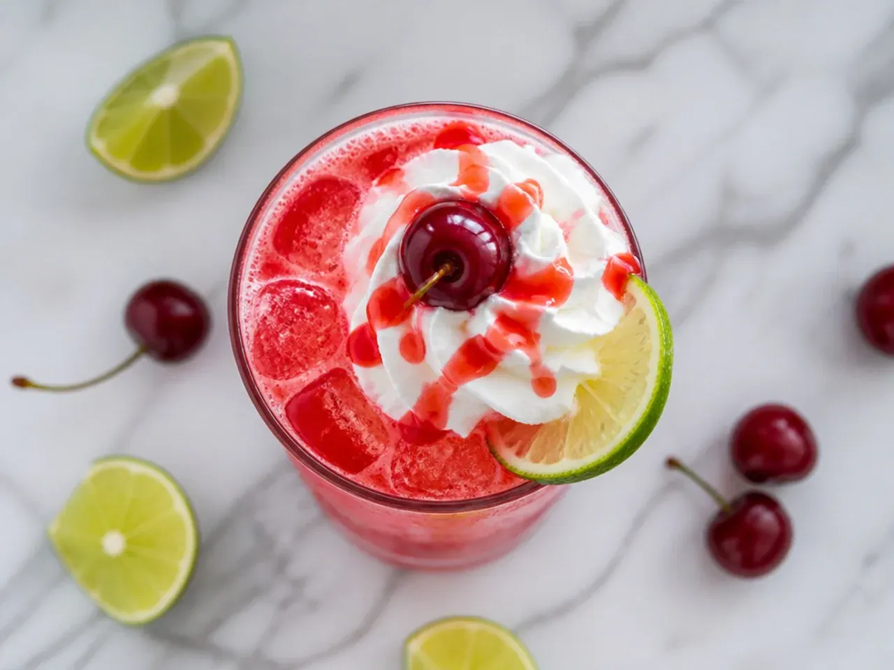 Iced cherry limeade in a clear cup with crushed ice, lime wedge and cherry garnish