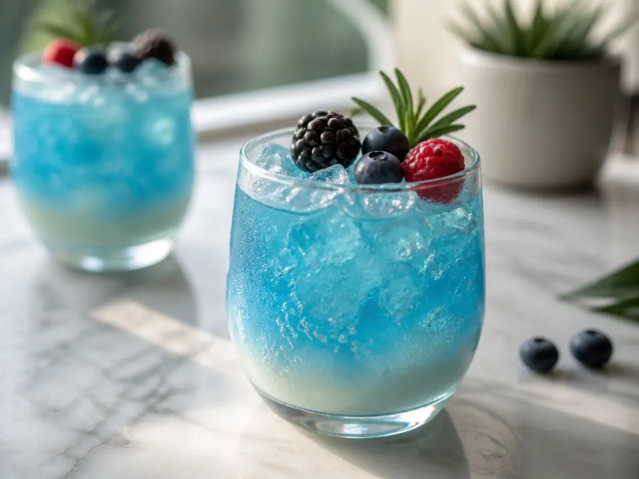 Bright blue Ocean Water slush in a tall glass with a straw