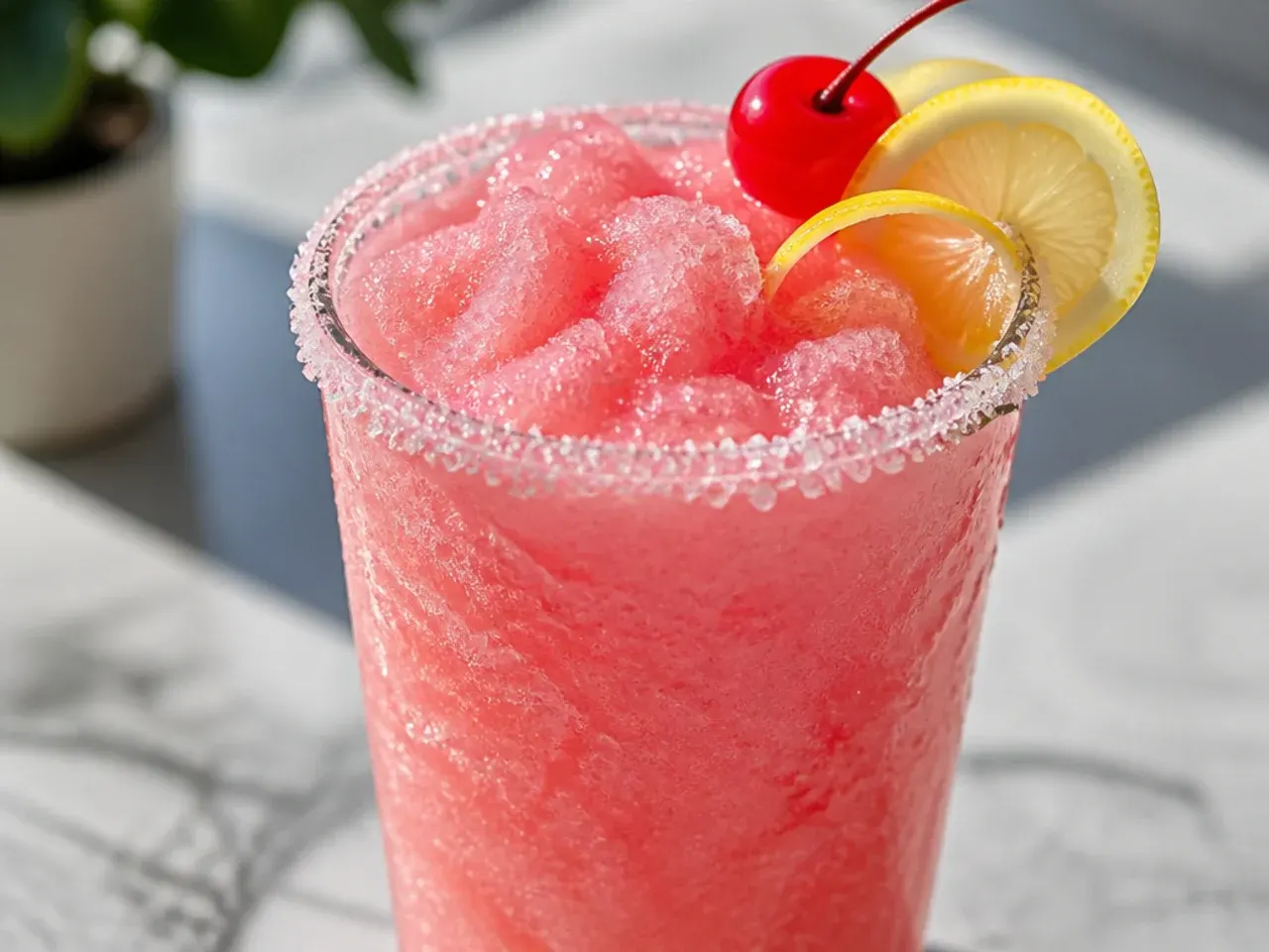 Coral pink tropical slush drink garnished with a pineapple wedge and cherry