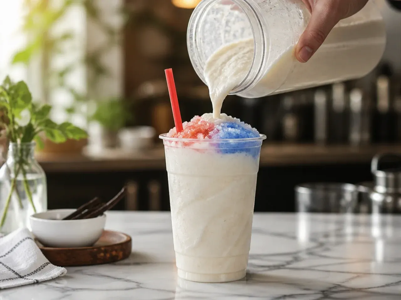 Creamy vanilla slush swirled with white sweet cream in a plastic cup