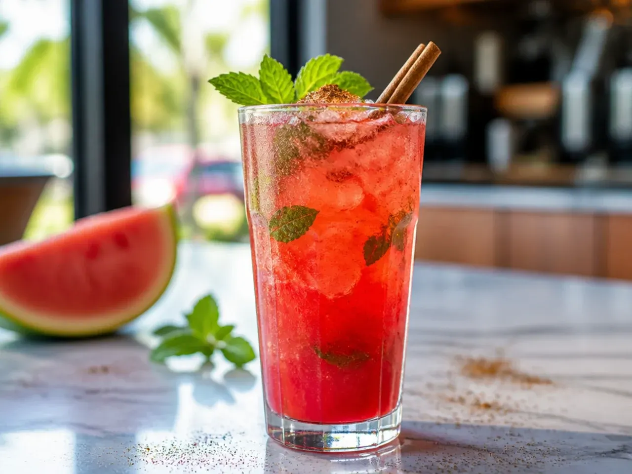 Pale pink watermelon mint slush with fresh mint leaves floating on top
