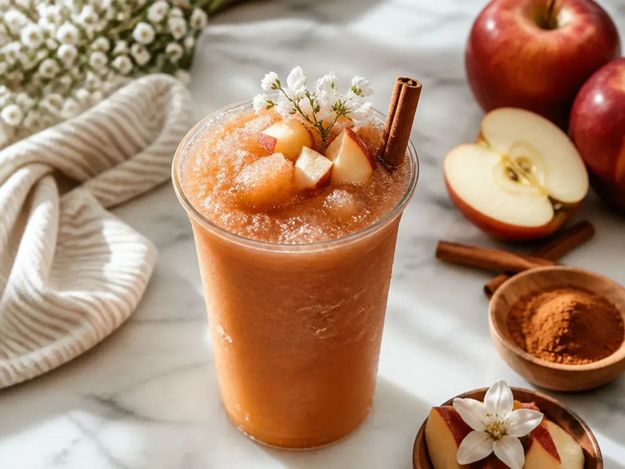 Amber-coloured spiced apple cider slush with a cinnamon stick garnish