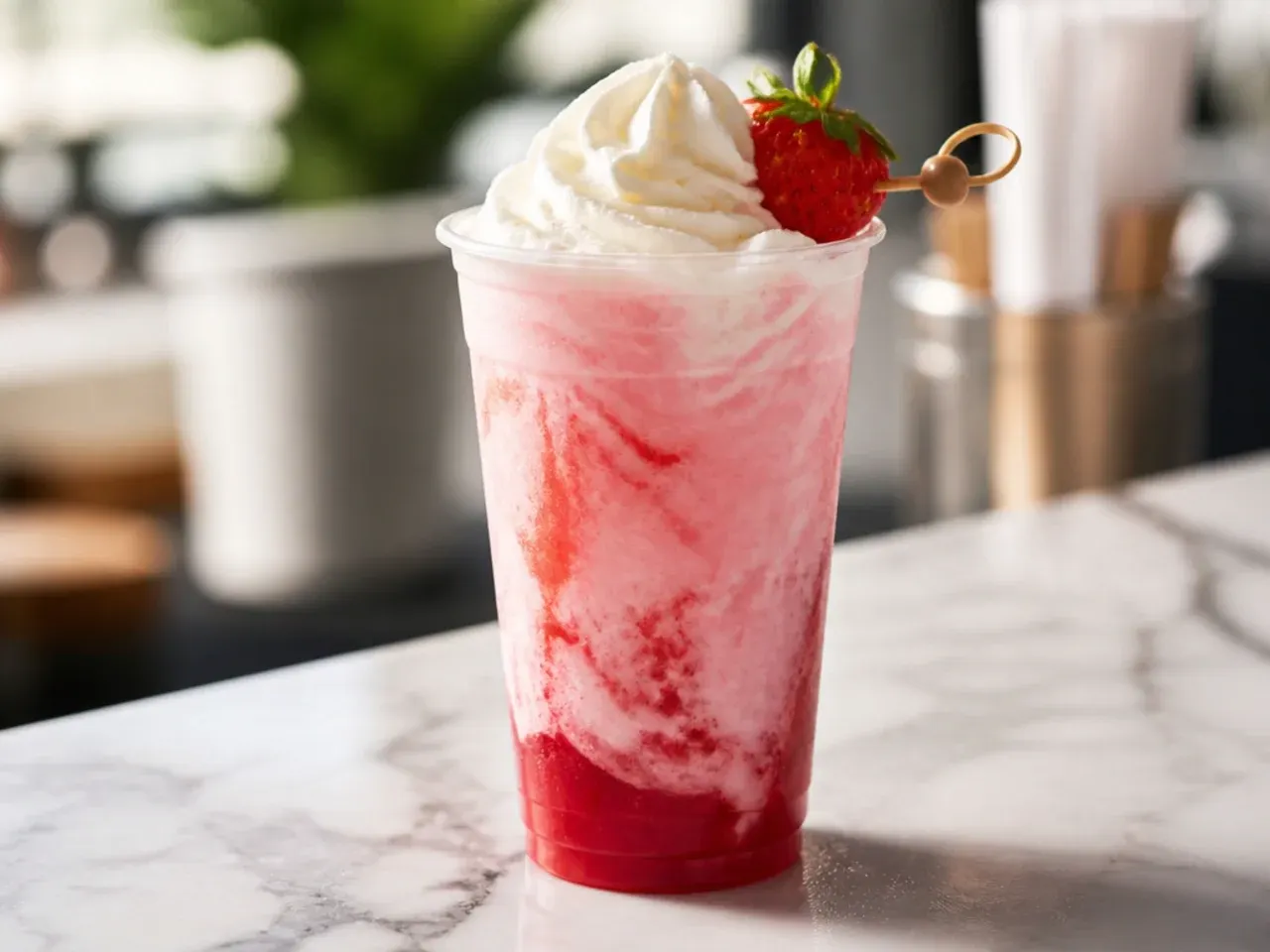 Strawberry cream float with a scoop of vanilla ice cream melting into a pink slush
