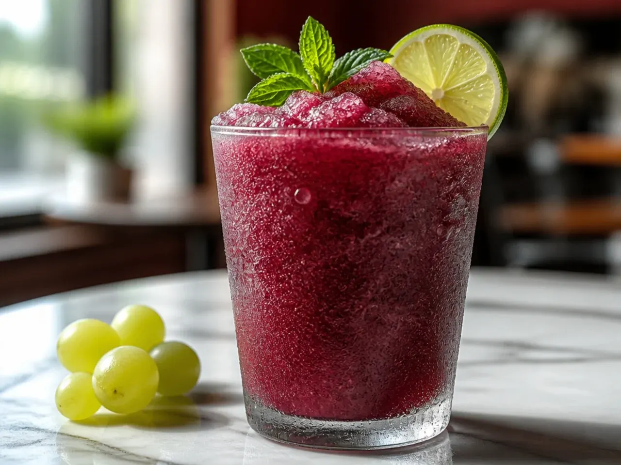 Deep purple grape limeade slush with a lime wedge on the rim
