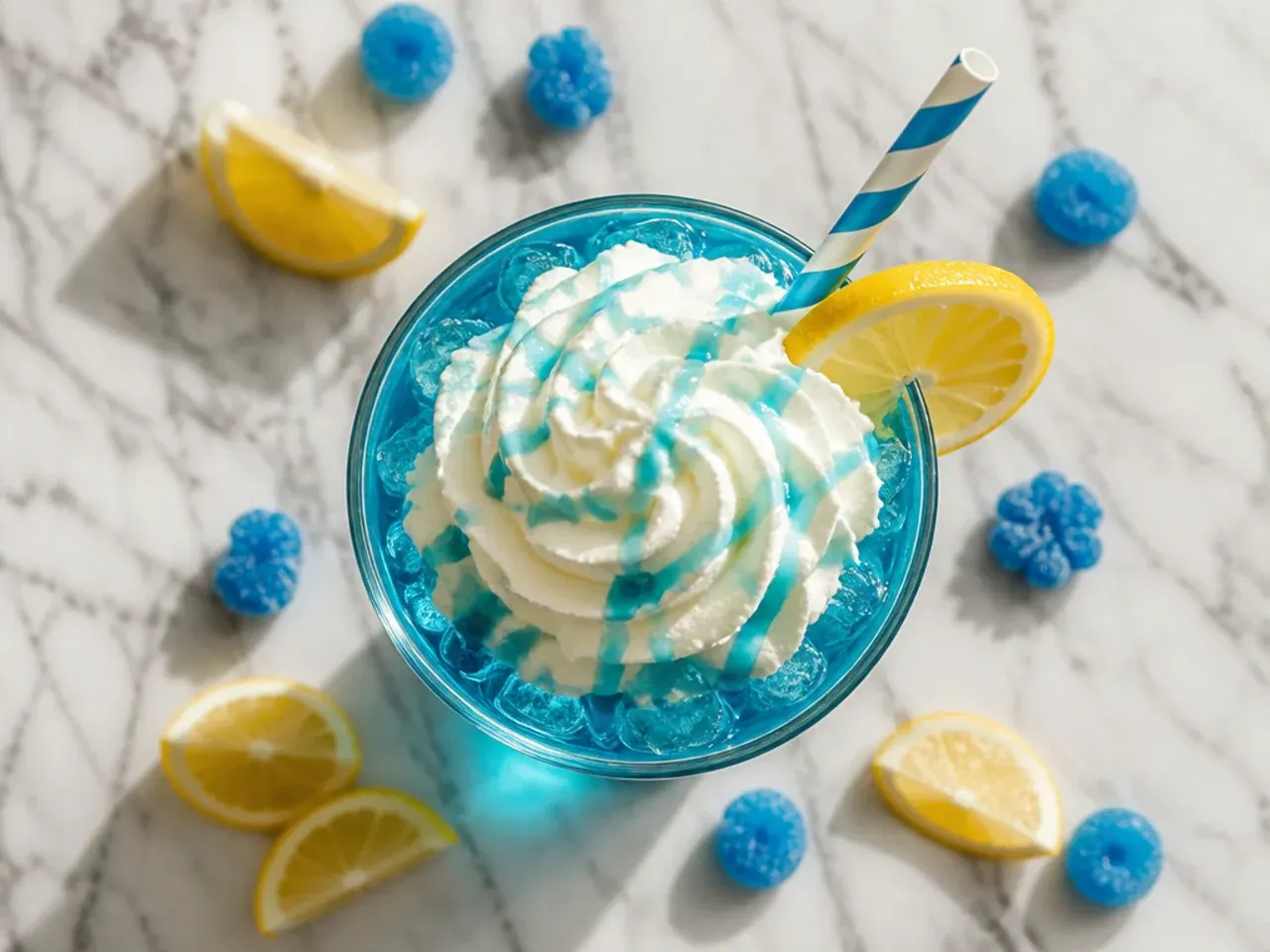 Bright blue raspberry lemonade over ice in a mason jar with a striped straw