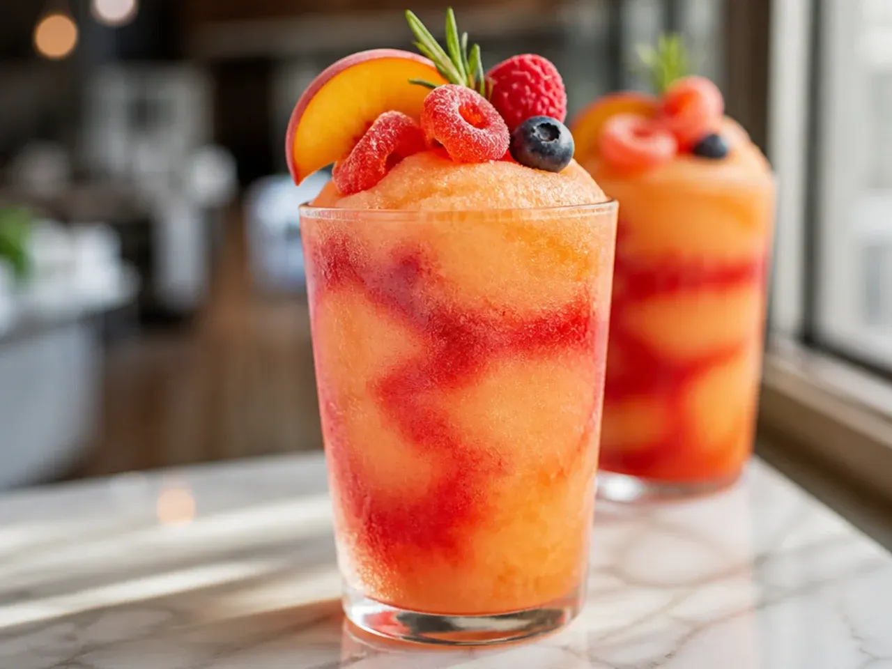 Orange peach slush topped with crushed peach ring candy pieces