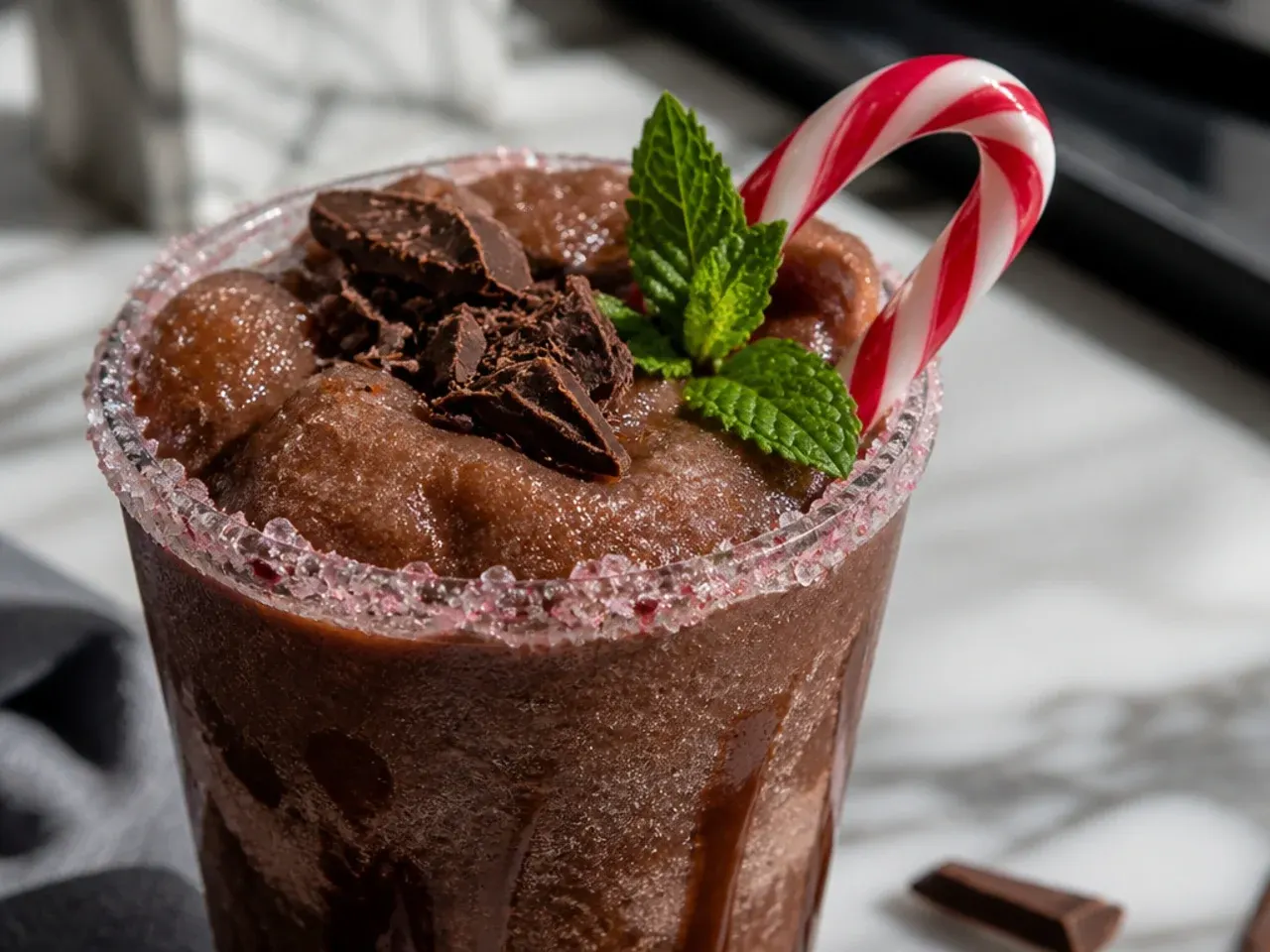 Dark mocha peppermint slush topped with whipped cream and crushed candy cane
