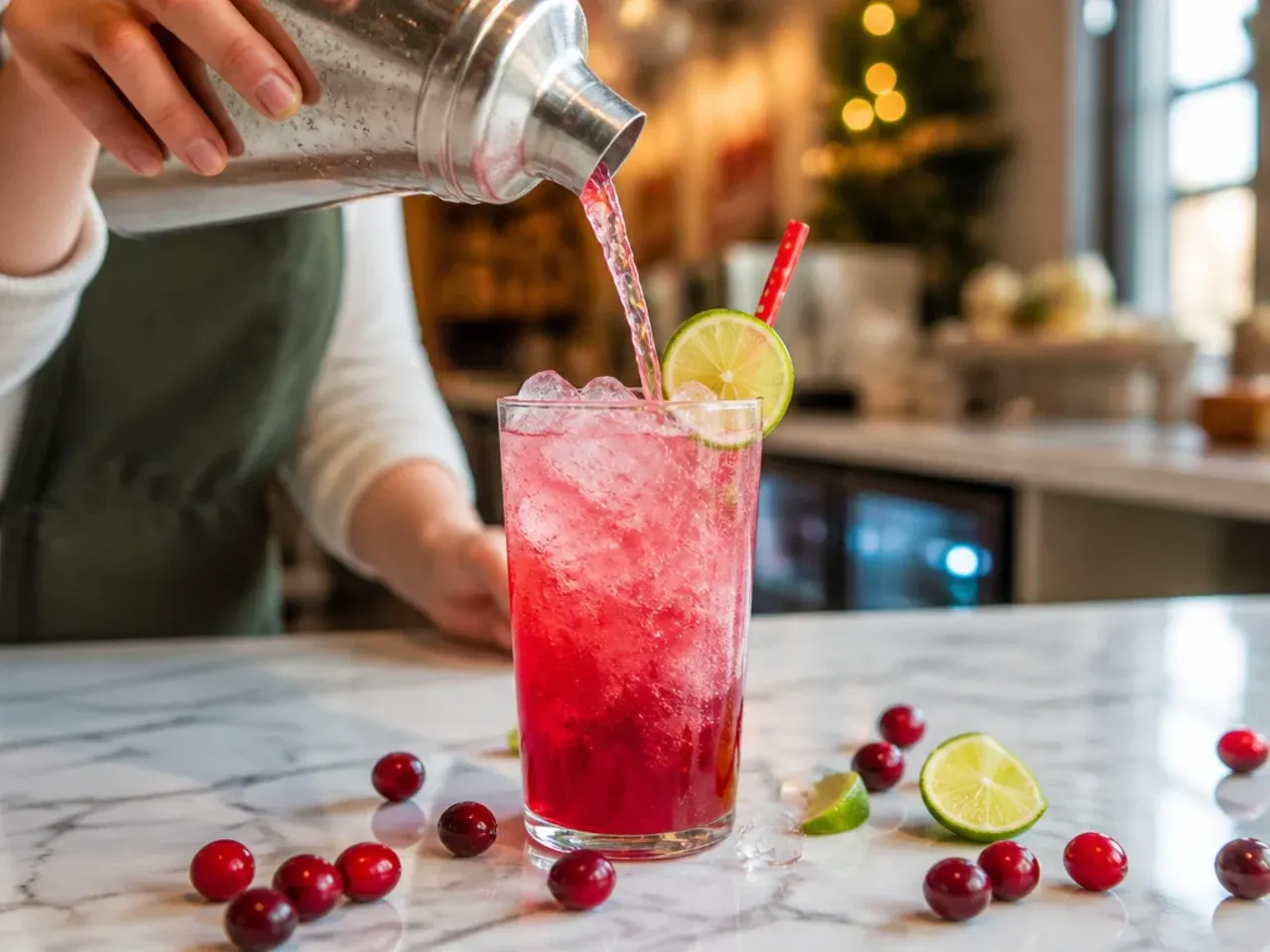 Ruby red cranberry limeade fizz garnished with frozen cranberries and a lime slice