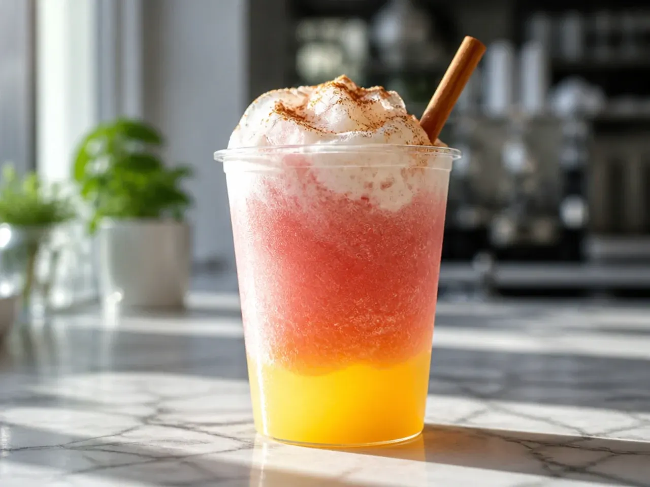 Three distinct layers of lemonade slush, vanilla ice cream and strawberries in a tall glass