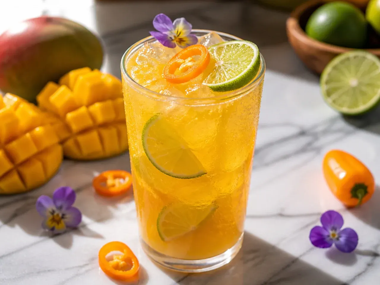 Golden mango slush with a thin slice of habanero pepper and a chilli-salt rim