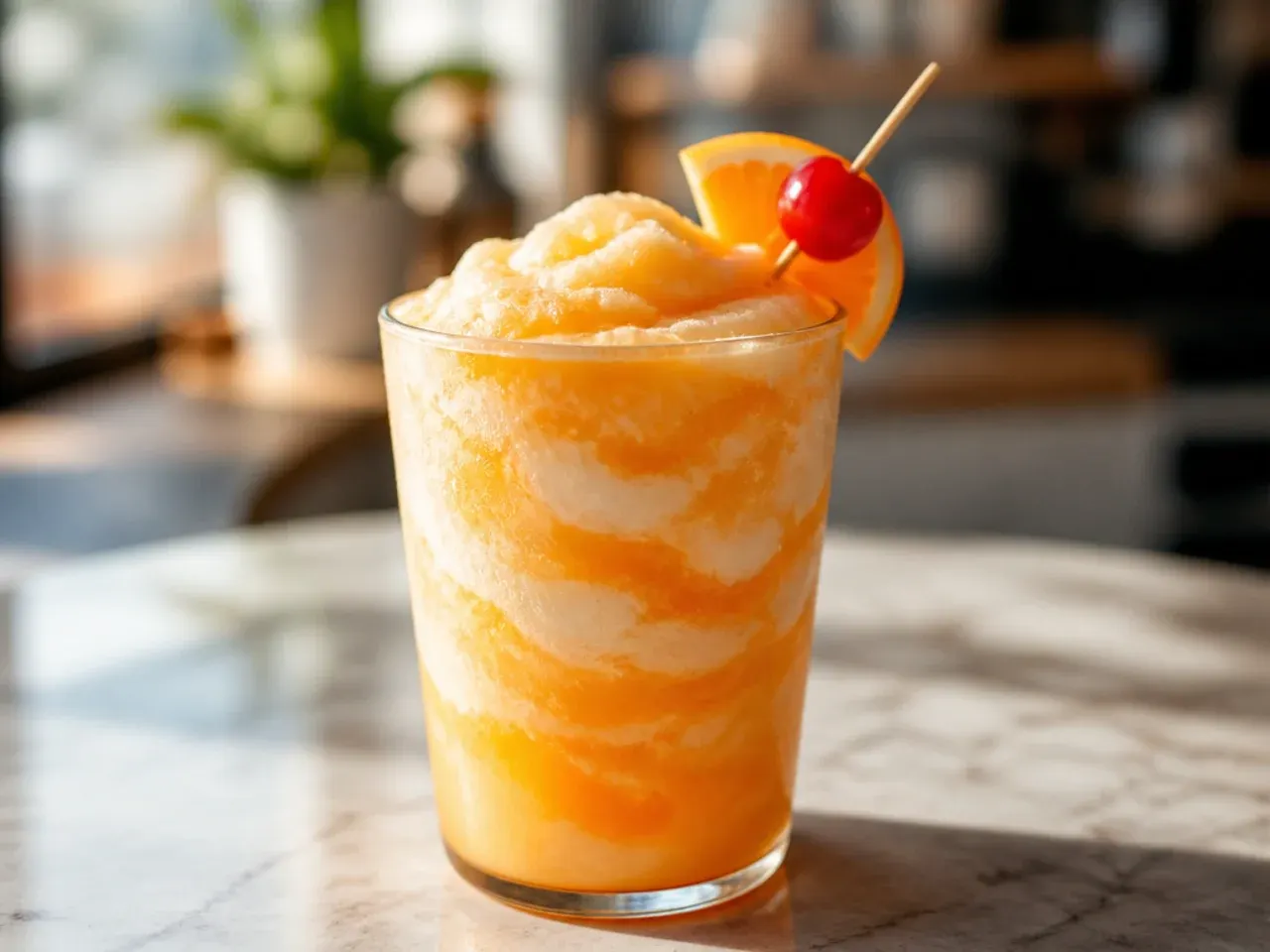 Orange and cream swirled slush in a cup resembling a frozen creamsicle