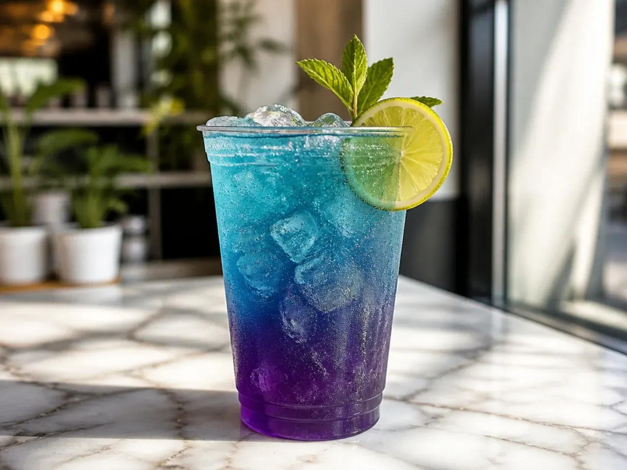 Teal-blue Mermaid Water slush drink with crushed ice in a clear plastic cup