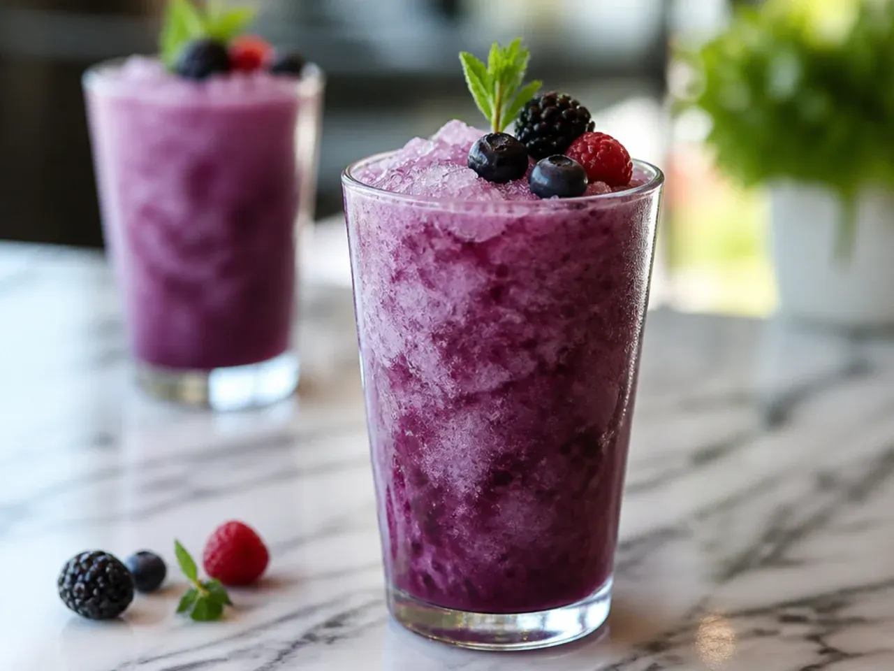 Deep purple slush drink with a lime wheel garnish on the rim of the glass