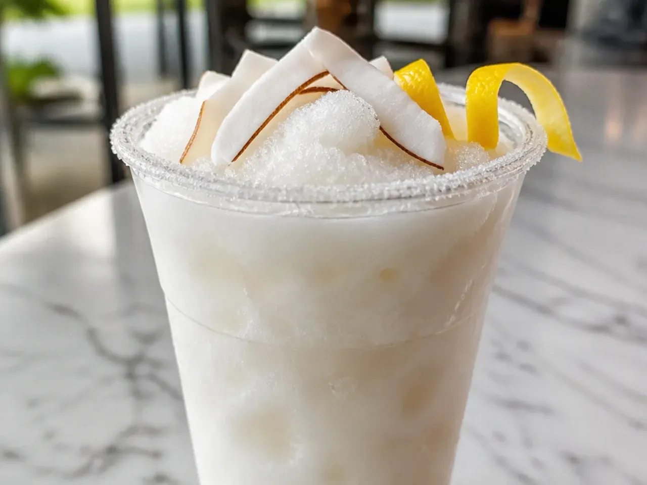 Pale blue coconut cream slush topped with toasted coconut flakes