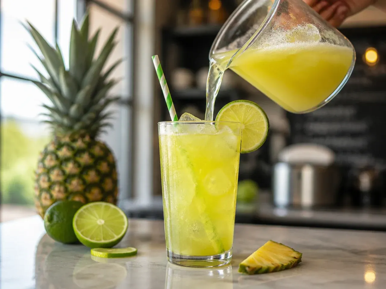 Golden pineapple limeade over ice garnished with a pineapple wedge