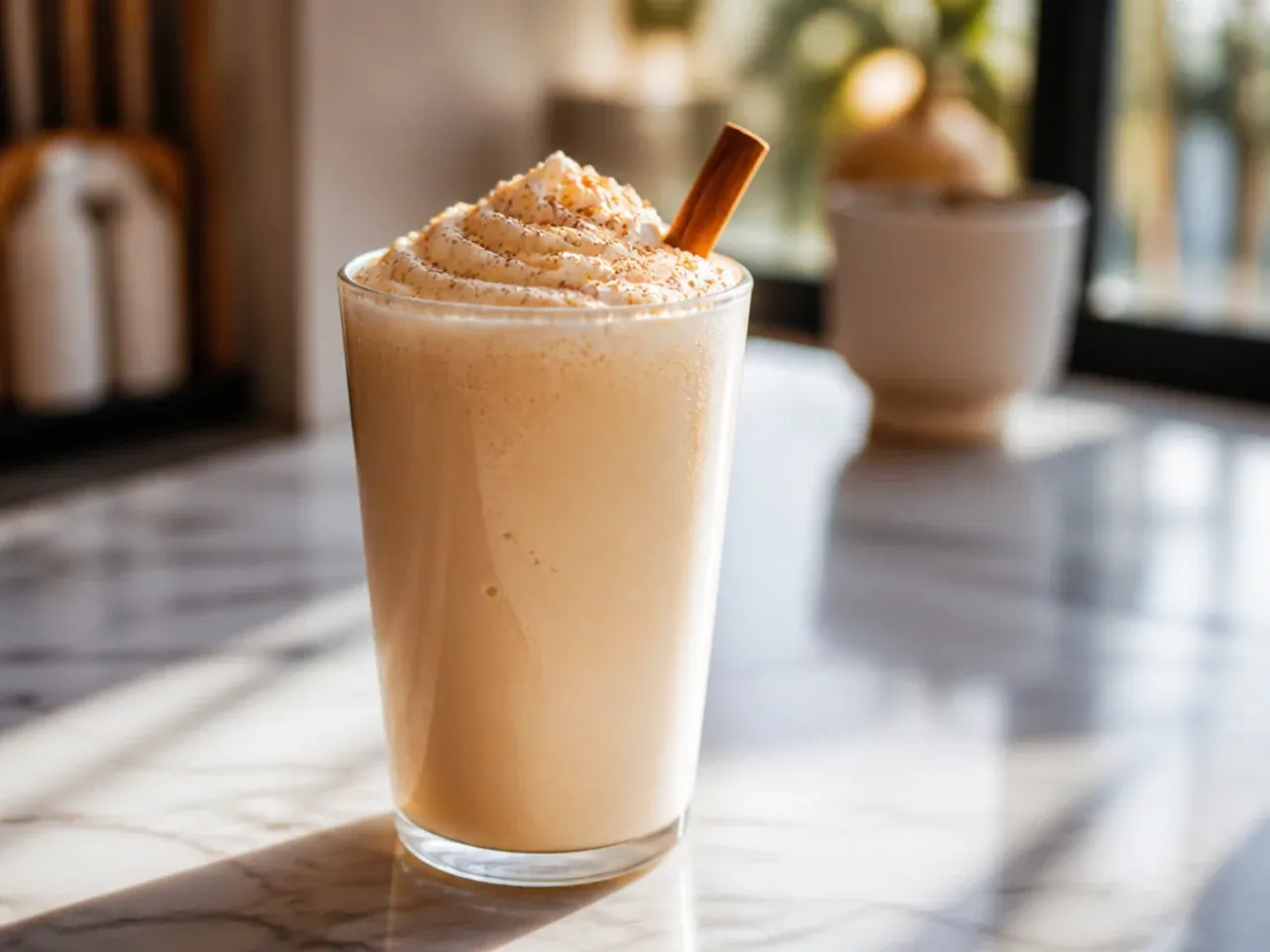Thick butterscotch milkshake with syrup drizzled around the inside of the glass