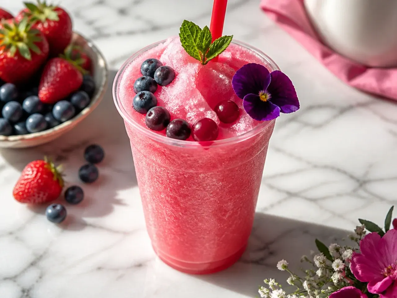 Bright blue bubblegum slush in a clear cup with a colourful straw