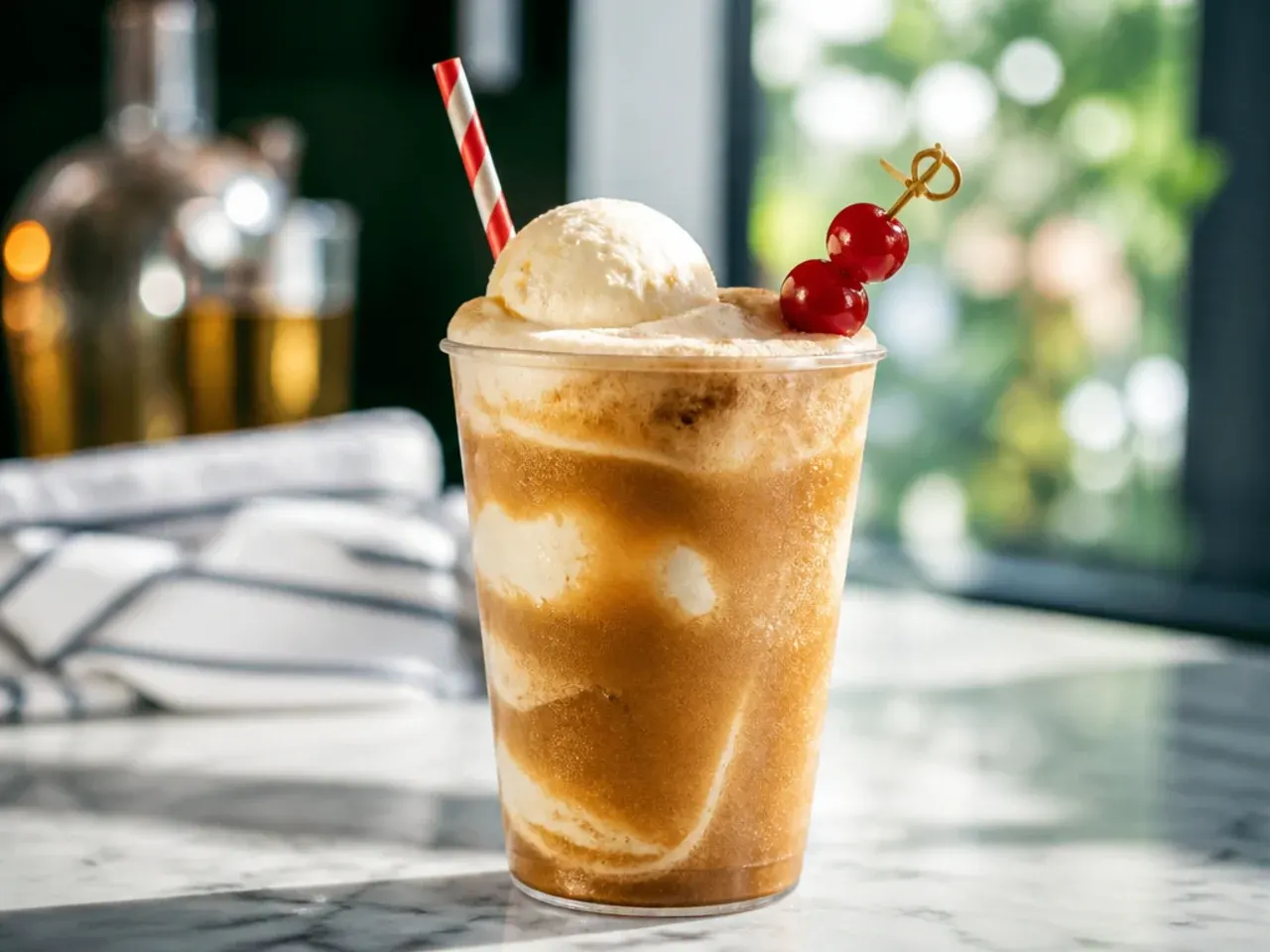 Frozen root beer slush with swirls of vanilla ice cream in a tall glass