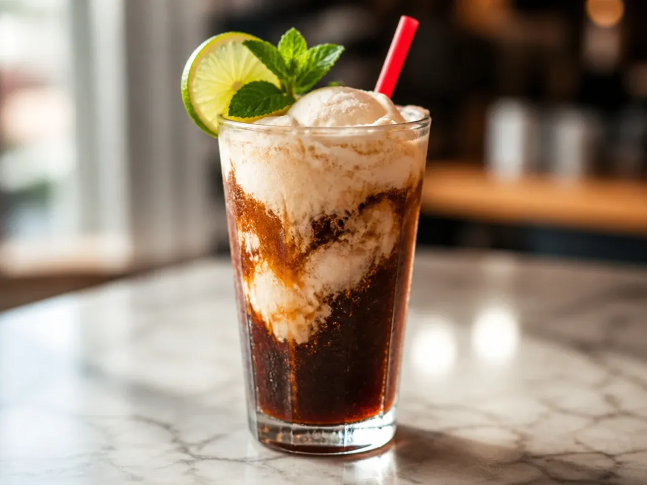 Vanilla-topped cola float with a scoop of ice cream fizzing in a glass