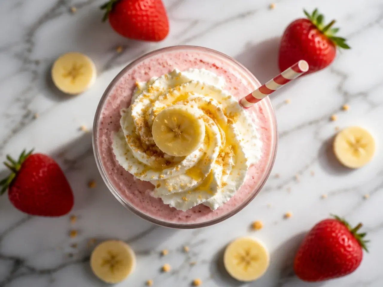 Pale pink strawberry banana cream slush topped with a strawberry slice