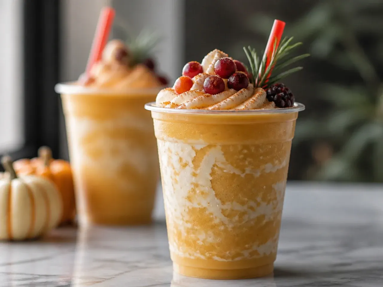 Orange-tinted pumpkin spice slush topped with whipped cream and cinnamon