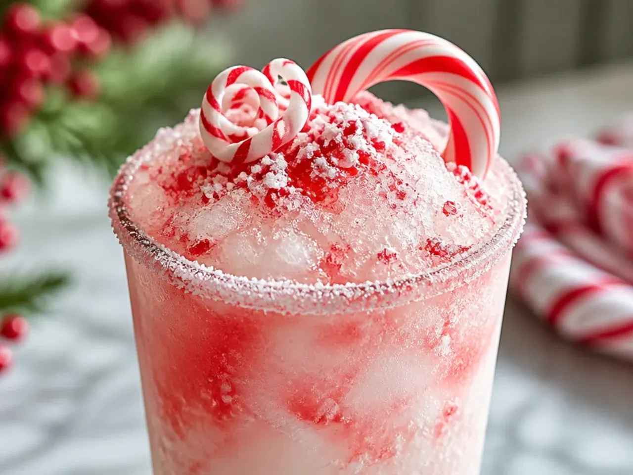 White and pink peppermint vanilla slush with a crushed candy cane rim