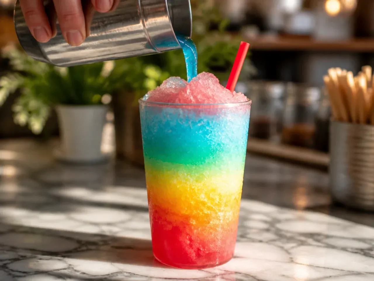 Three-layered rainbow sherbet slush in orange, lime and raspberry in a clear cup