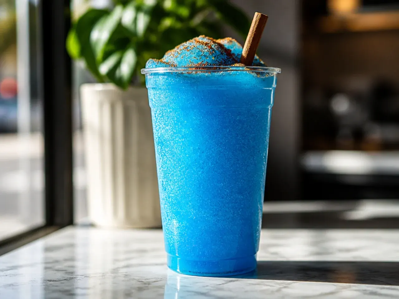 Vivid blue sour raspberry slush with a sour candy powder rim
