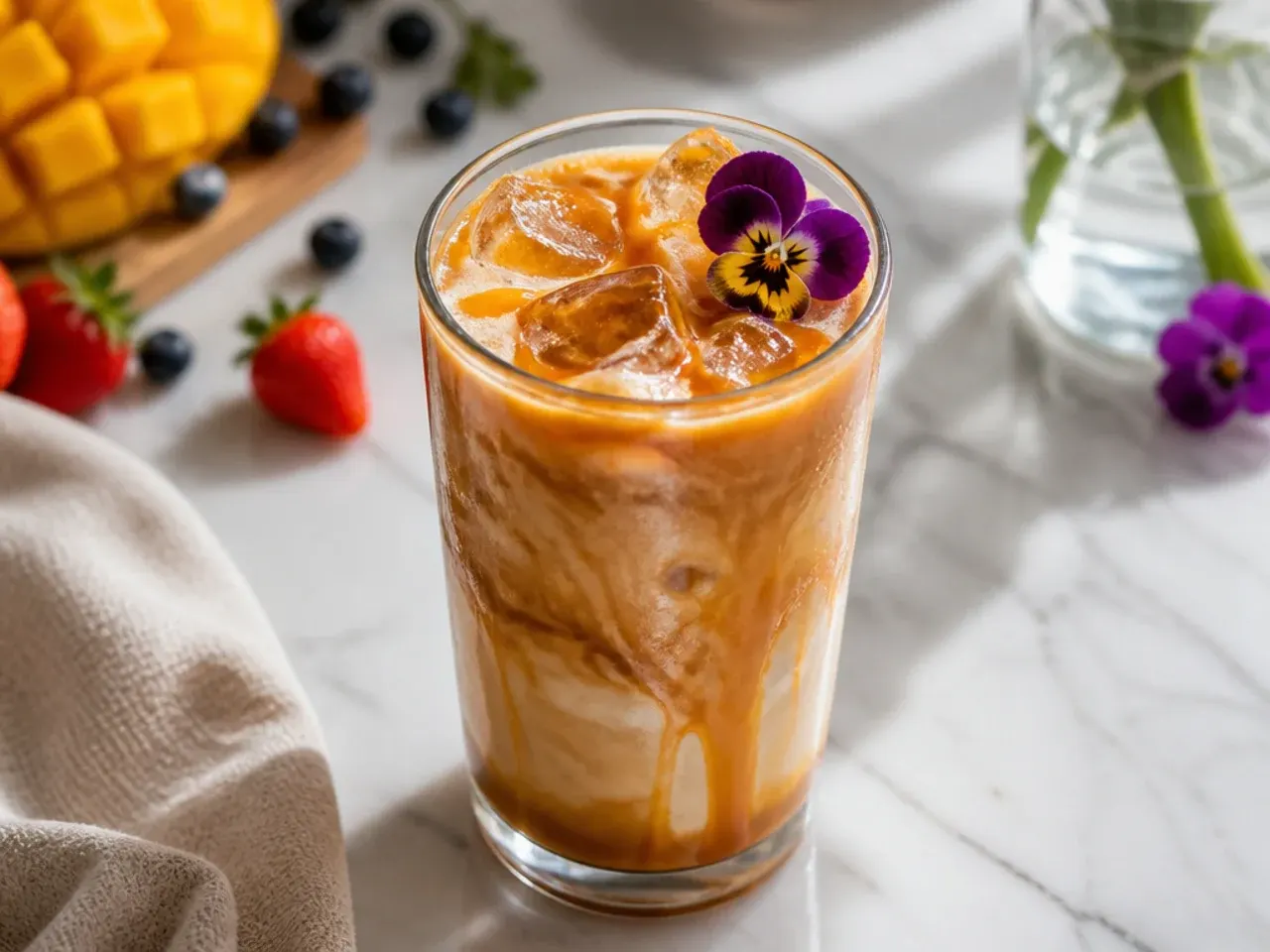 Iced caramel coffee with a visible cream layer in a tall glass with a straw
