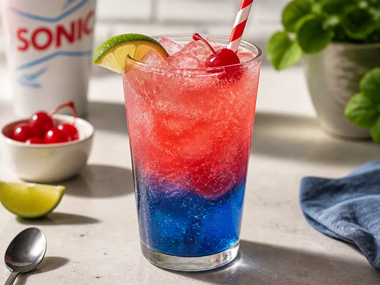 A row of garnished copycat Sonic drinks with cherries, lime wheels and wide straws