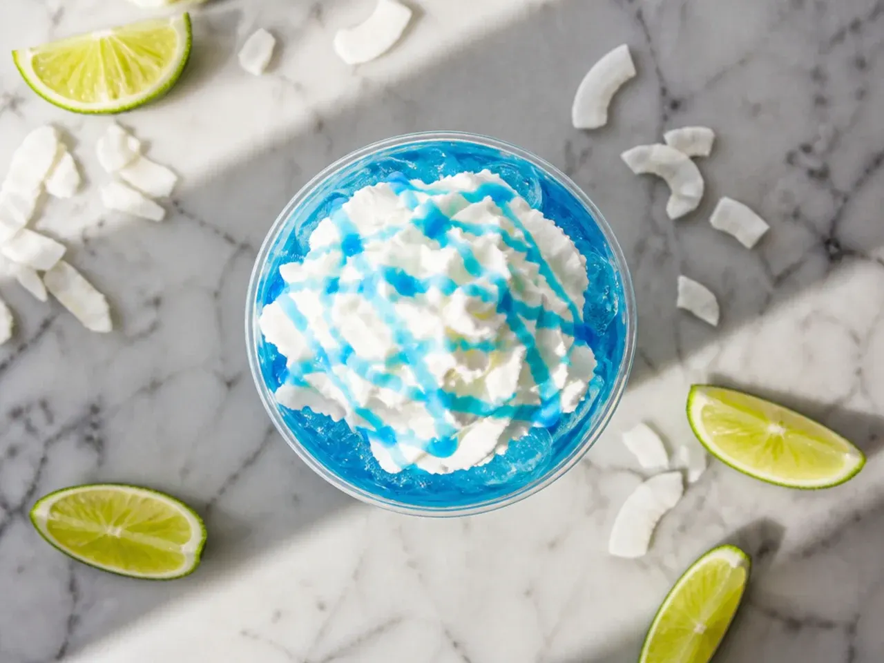 Tall glass of blue coconut copycat Ocean Water with a lime wedge on the rim