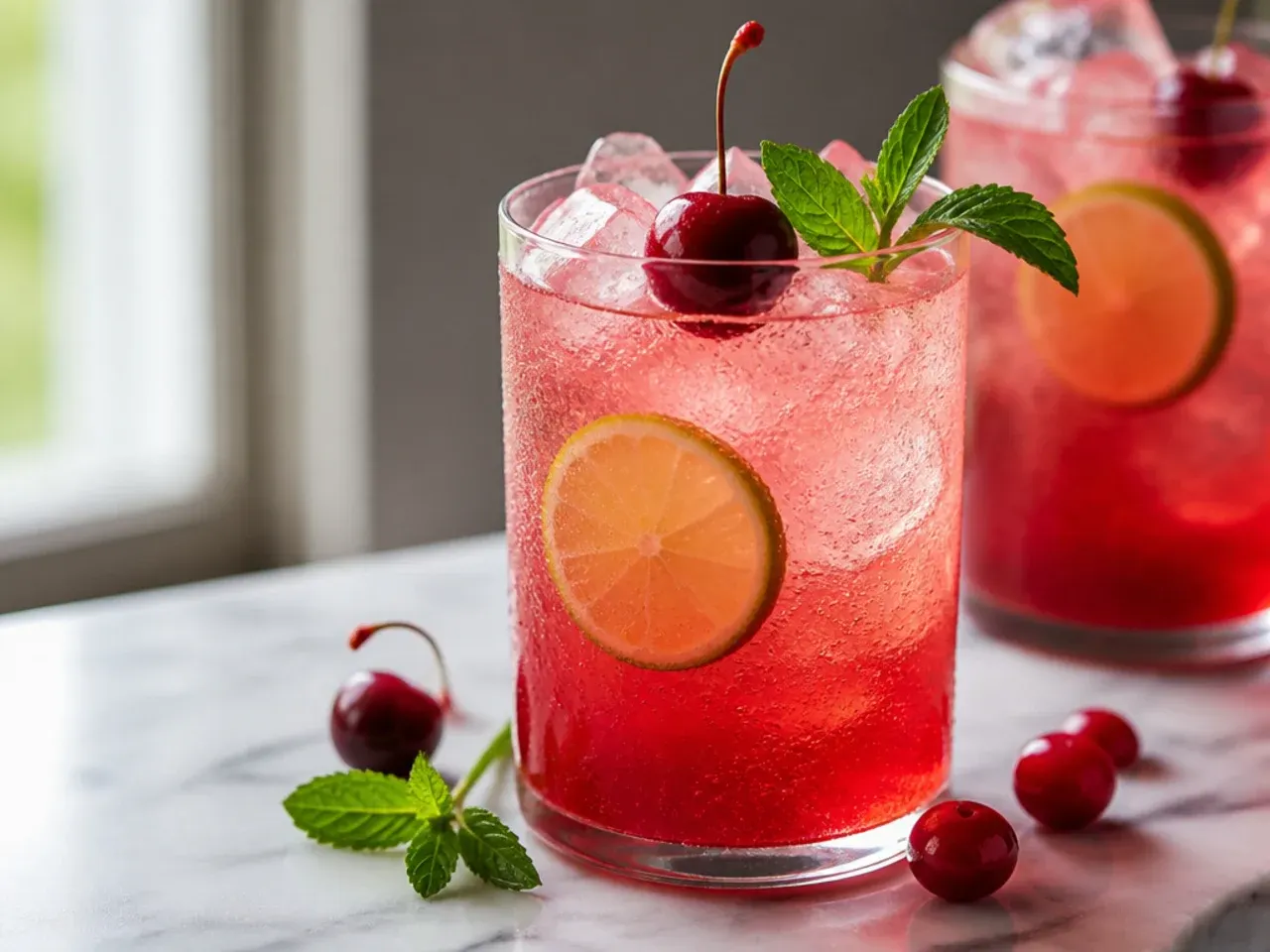 Red cherry limeade copycat cocktail in a glass with maraschino cherries and a lime slice