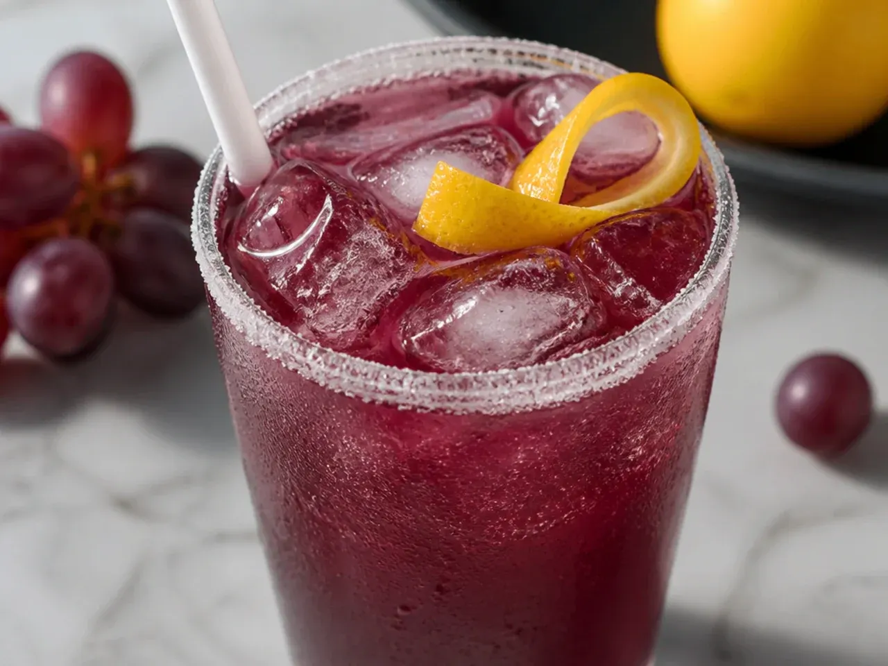 Purple grape soda copycat drink over ice in a glass with a straw