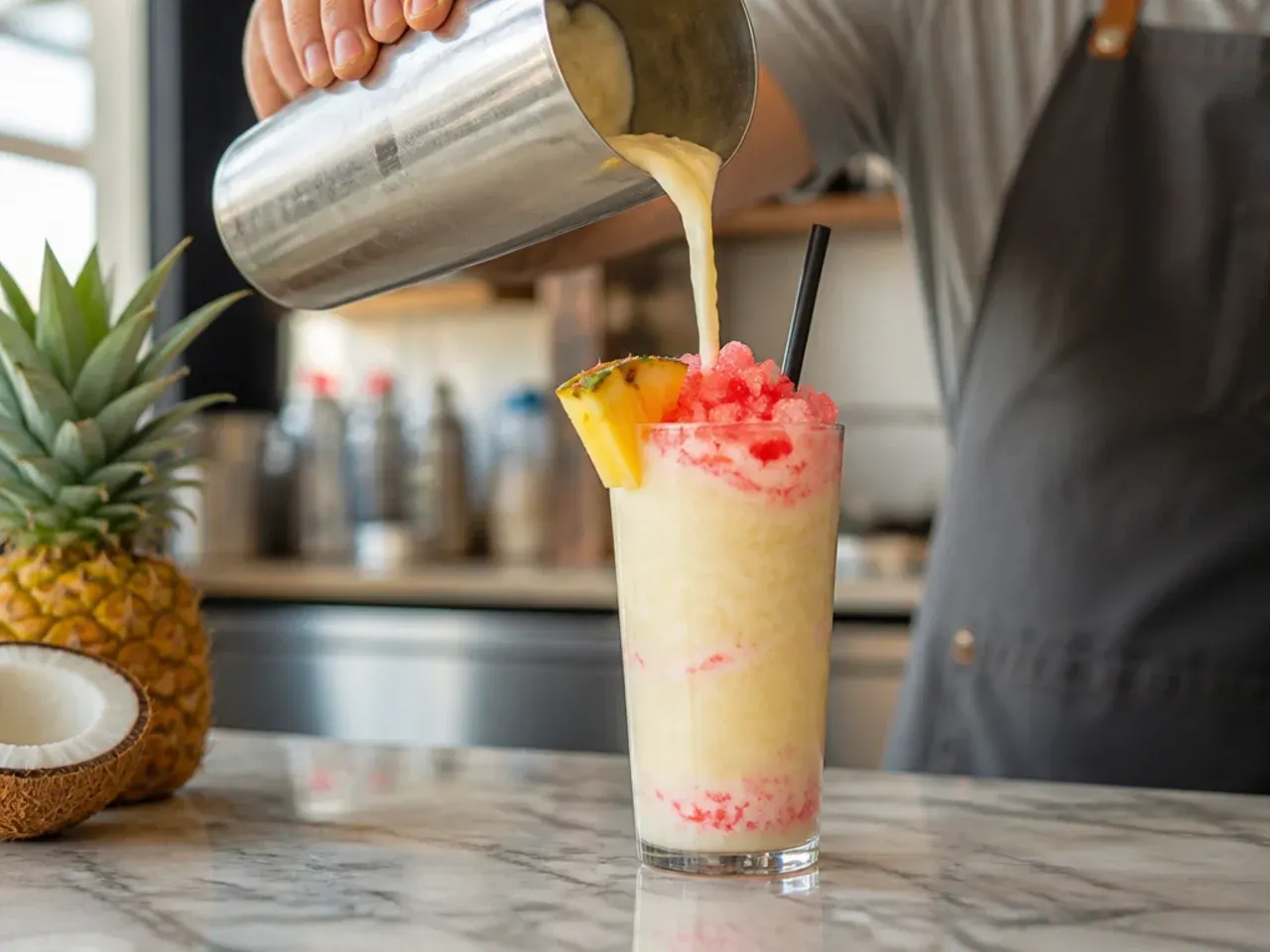 Creamy pina colada copycat slush in a glass topped with toasted coconut flakes