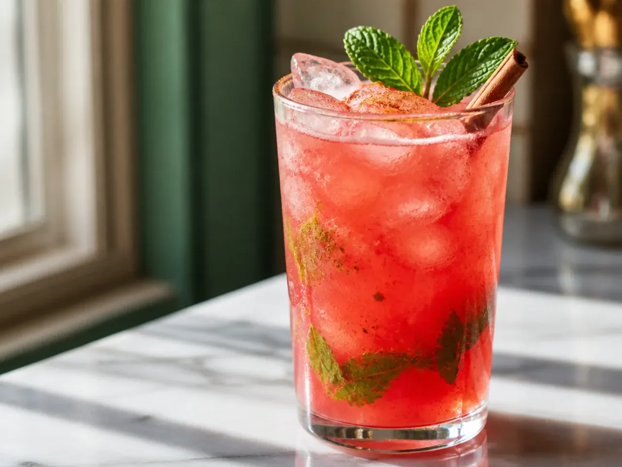 Pink watermelon mint spritzer copycat drink in a glass garnished with fresh mint