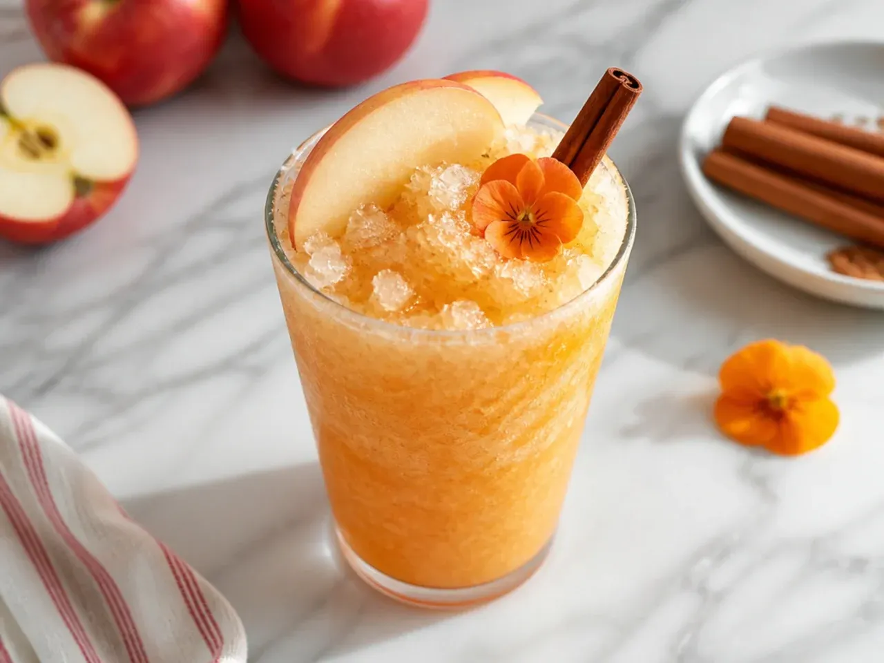 Spiced apple cider slush copycat drink in a mug with a cinnamon stick garnish