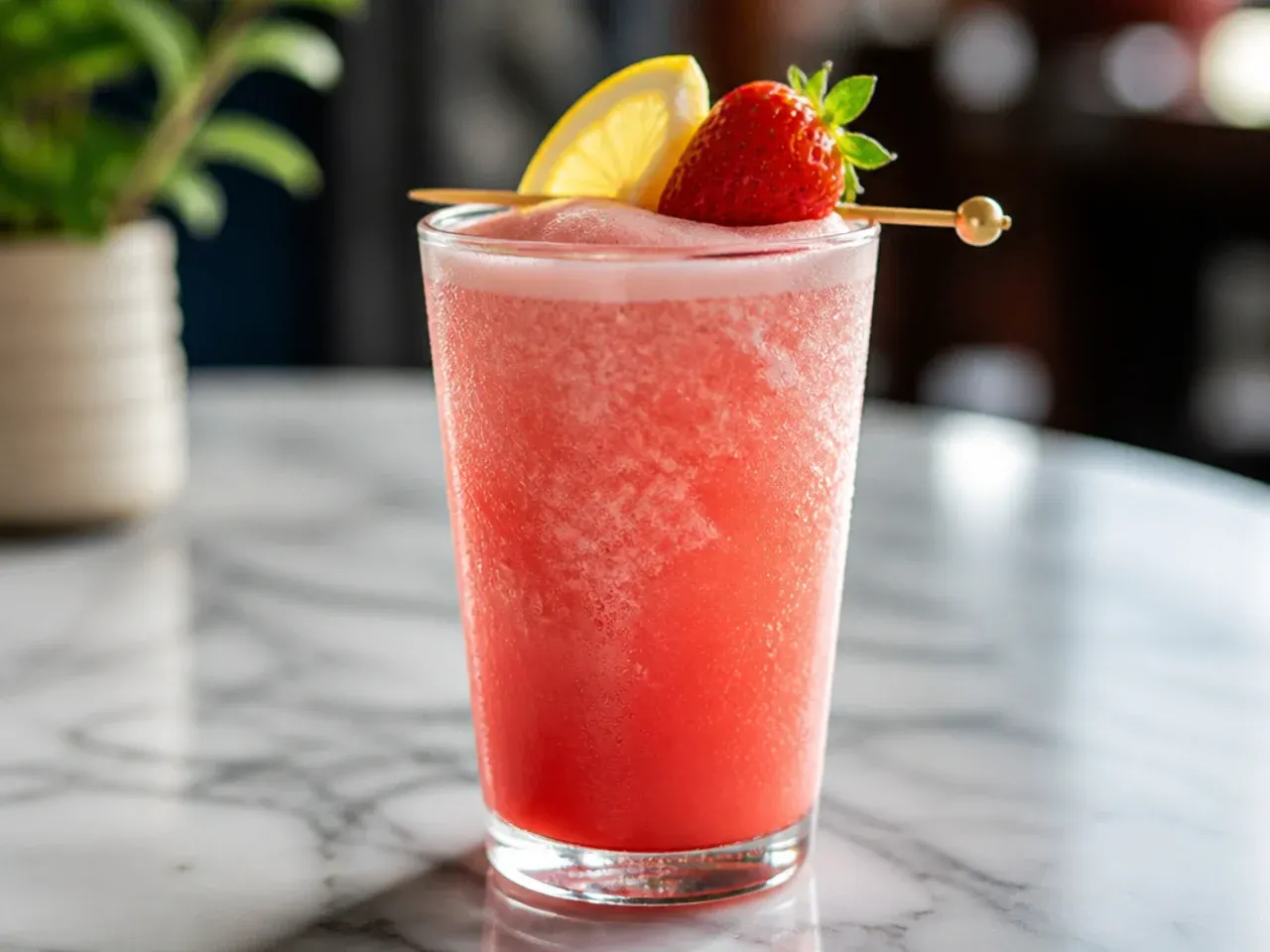 Pink strawberry lemonade mimosa slush copycat in a flute glass with a strawberry garnish