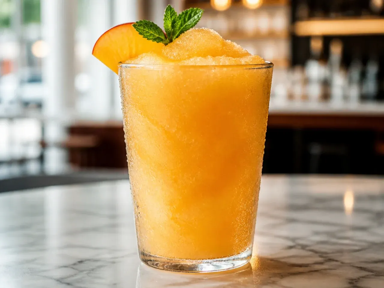 Orange frozen peach bellini slush copycat drink in a glass with fresh peach slices