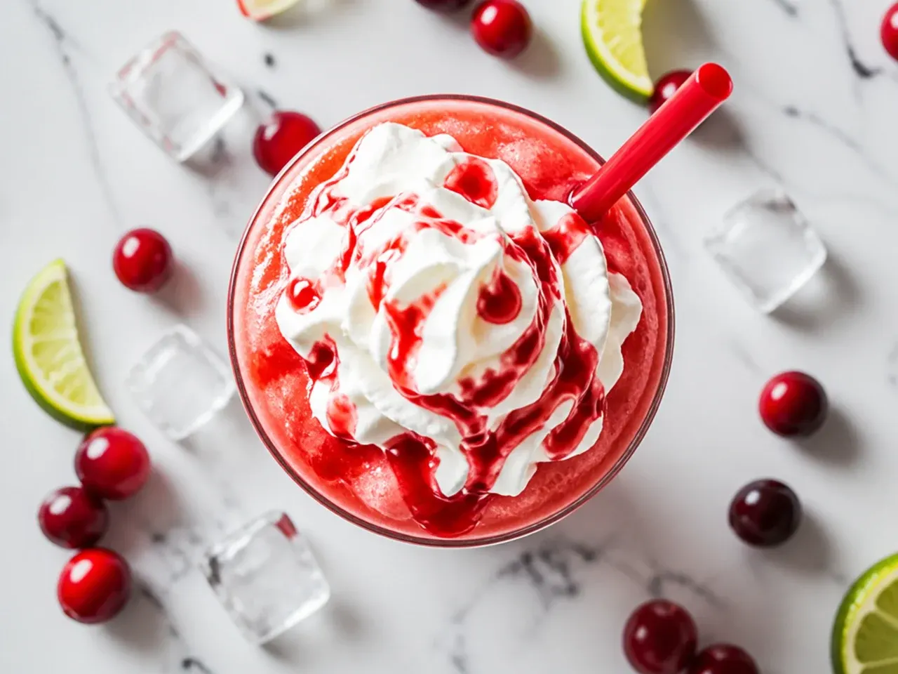 Red vodka cranberry slush copycat in a glass with fresh cranberries floating on top