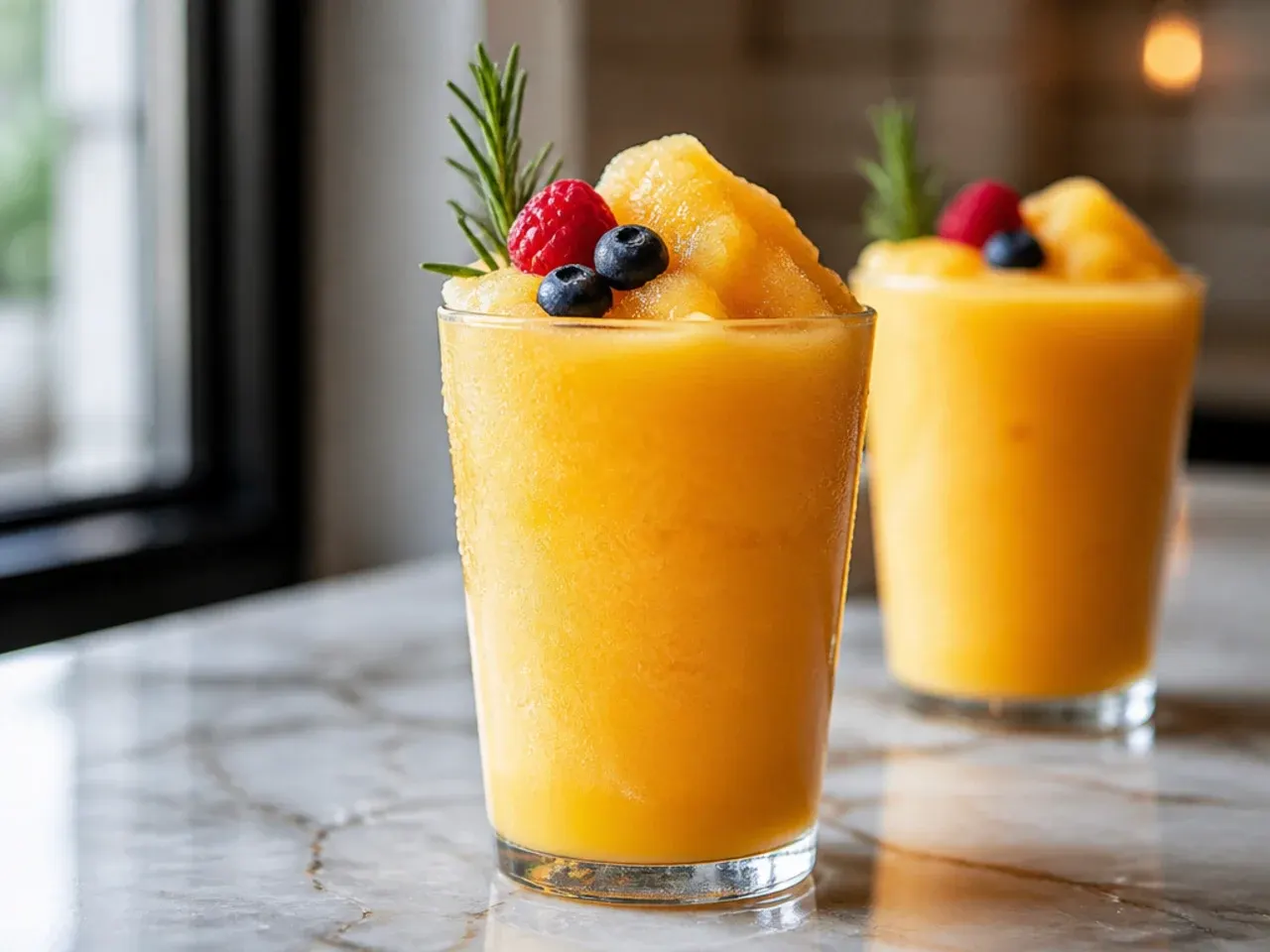 Frozen mango rum slush copycat drink in a chilled glass with a lime wheel garnish