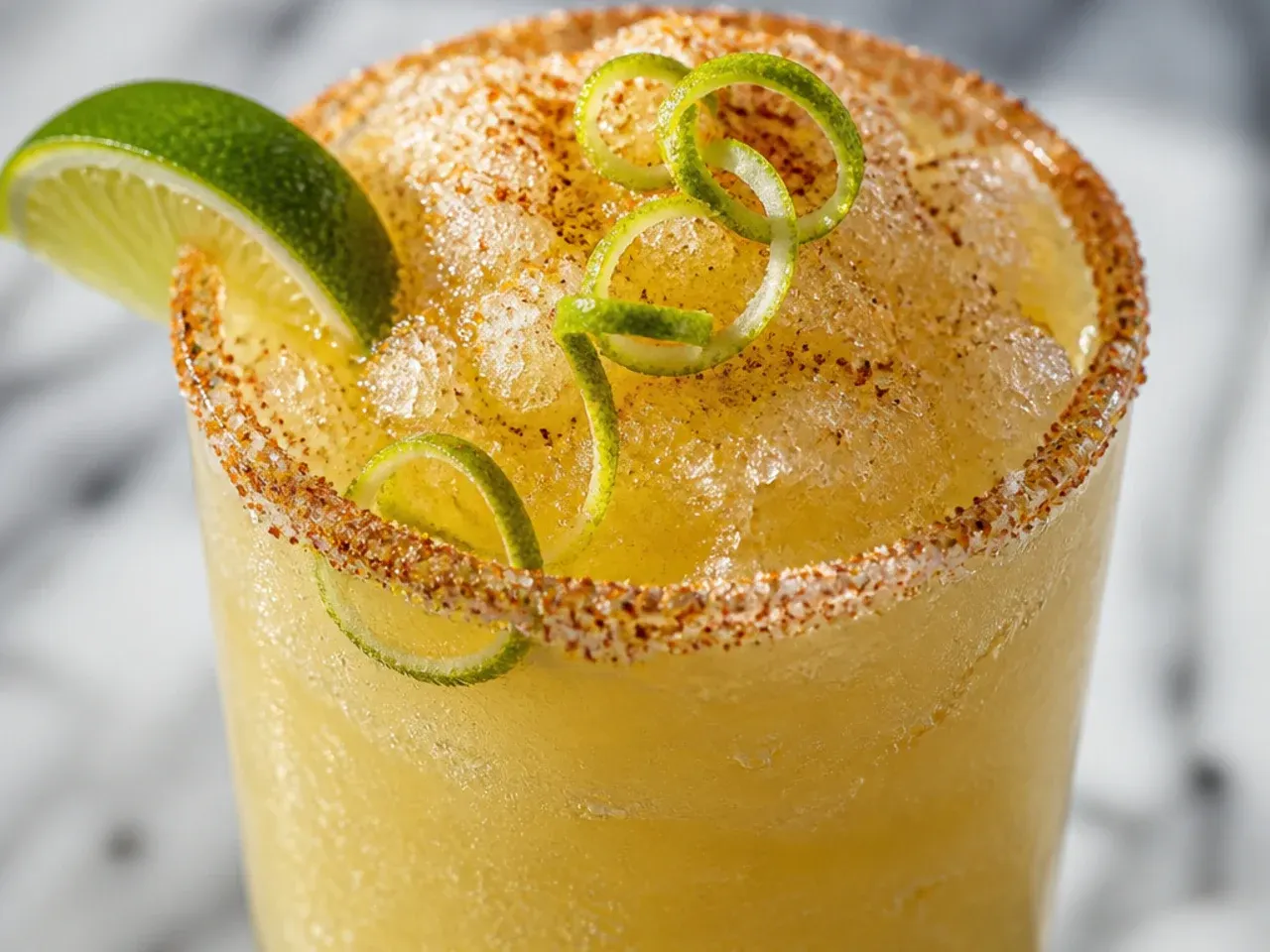 Spiced Mexican mule slush copycat drink in a copper mug with a lime wheel and ginger slice
