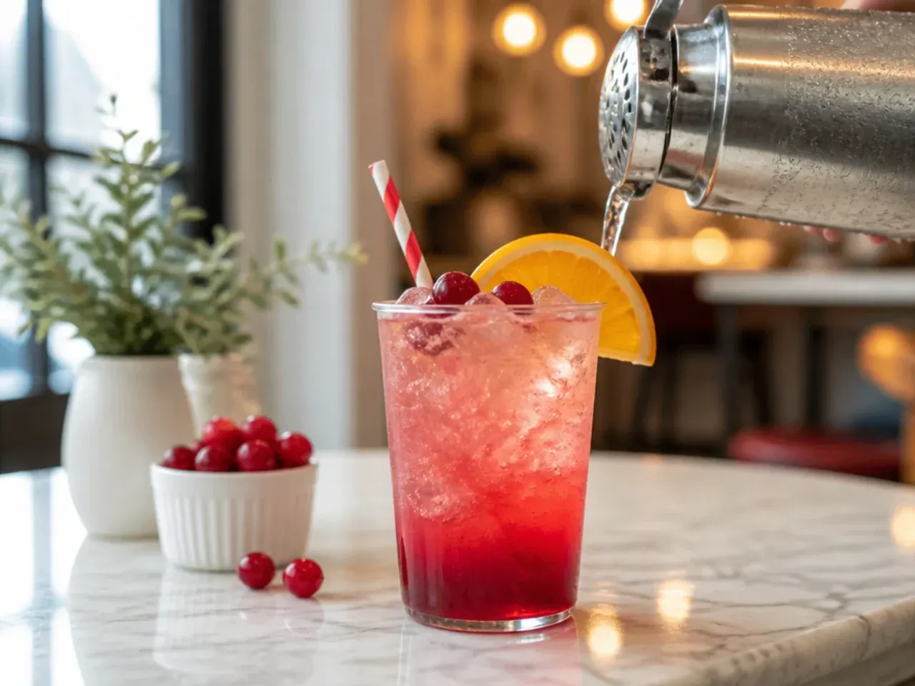 Festive cranberry orange spritz copycat drink in a glass with orange zest garnish