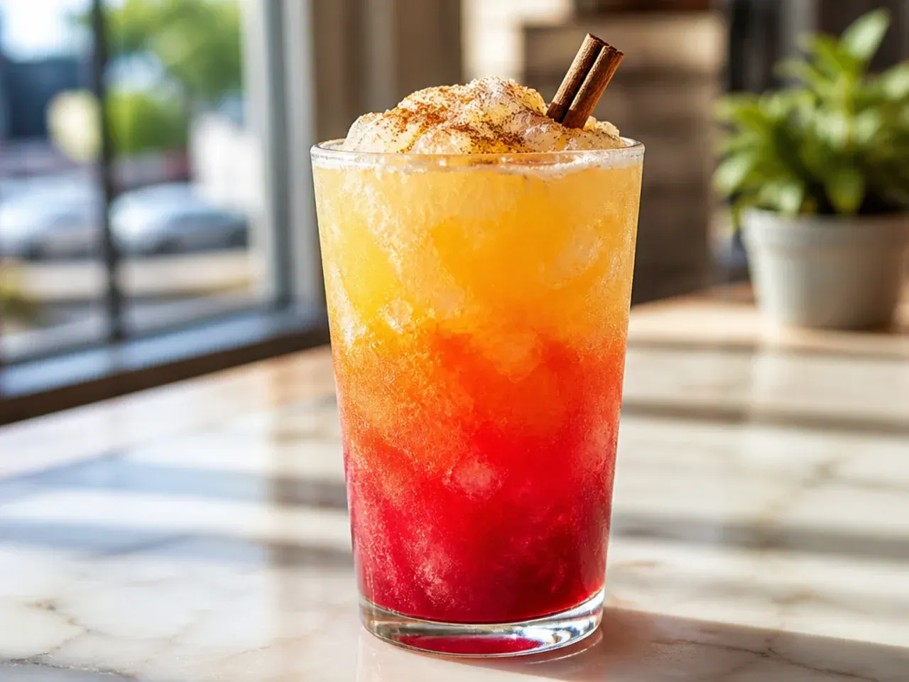 Layered orange and red tequila sunrise slush copycat drink in a tall glass