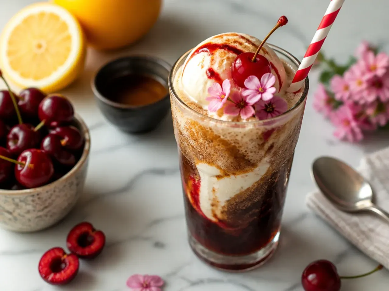 Bold bourbon cherry cola float copycat drink in a glass with vanilla ice cream and a cherry