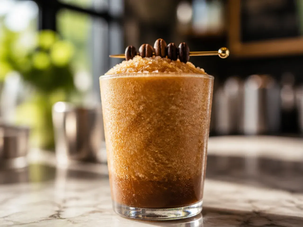 Smooth espresso Kahlua slush copycat drink in a glass with a chocolate syrup drizzle