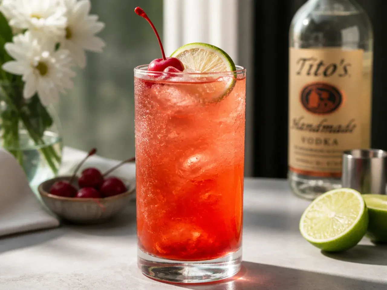 A garnish station with lime wedges, cherries, orange slices and straws for spiked slushes
