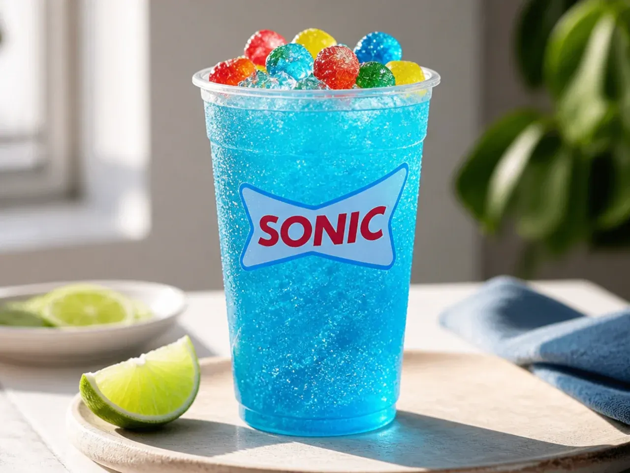 Overhead shot of several homemade copycat Sonic drinks in clear cups with straws